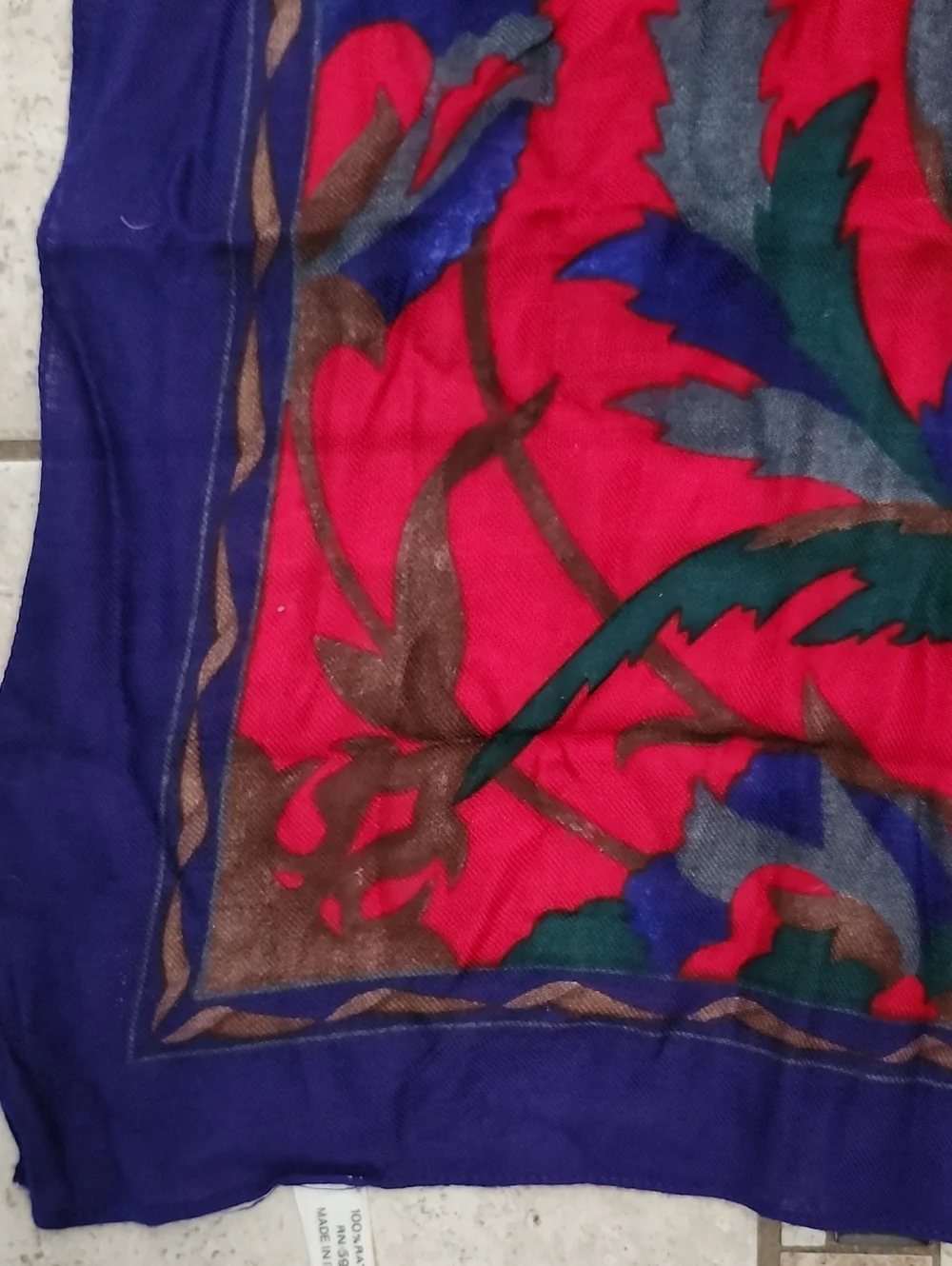 Vtg Made In Italy Vibrant Red Floral Silk-Feel Scarf Purple Border 33x33